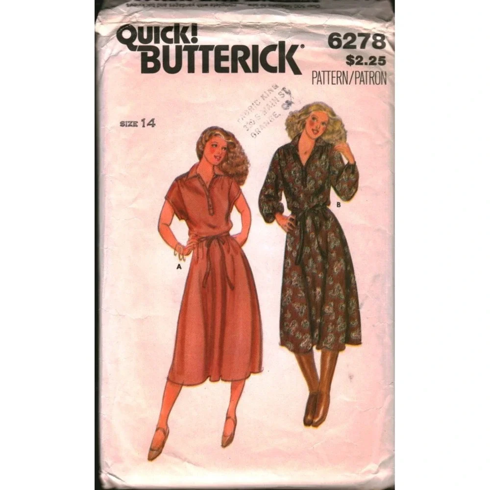 Vintage Butterick 6278 Misses Dress Belt Sewing Pattern Size 14 70s Shirt Dress